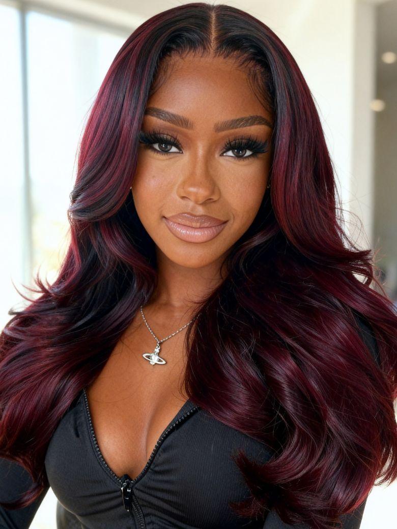 [24"=$129 | 13x4 Lace | 200% Density] Pre-Everything™ Lace Frontal Deep Burgundy Highlights Loose Wave Drawstring Wig with Face Framing Layers