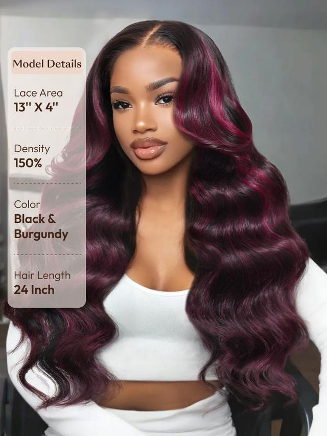UNice 13x4 Pre-Everything™ Lace Frontal Black With Burgundy Highlights Loose Wave Wig with Face Framing Layers