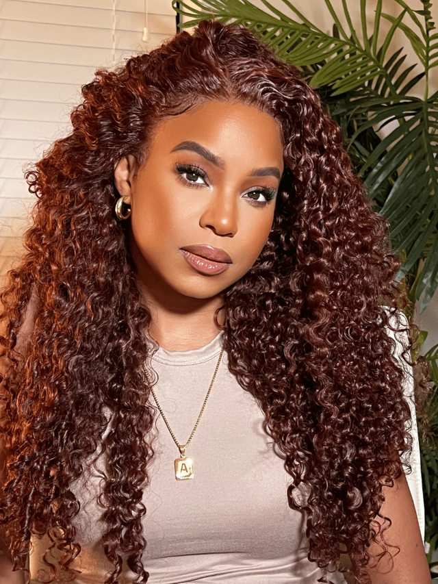 7x5 Bye-Bye Knots™ Wig Glueless Lace Jerry Curly Reddish Brown Drawstring Wig With Bleached Knots