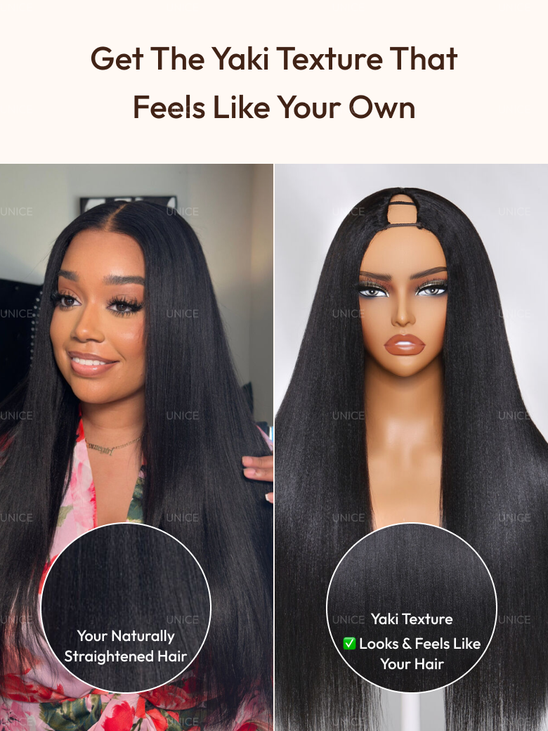 [18"=$99] UNice EasiContour™ V Part Glueless Yaki Straight Natural Wig With Invisi Drawstring 100% Human Hair 180% Density