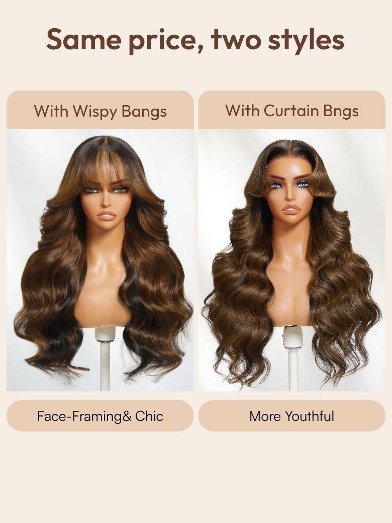 UNice Bye-Bye Knots 13x4 Black with Brown Money Piece Natural Fluffy Loose Wave Curtain Bangs Wig