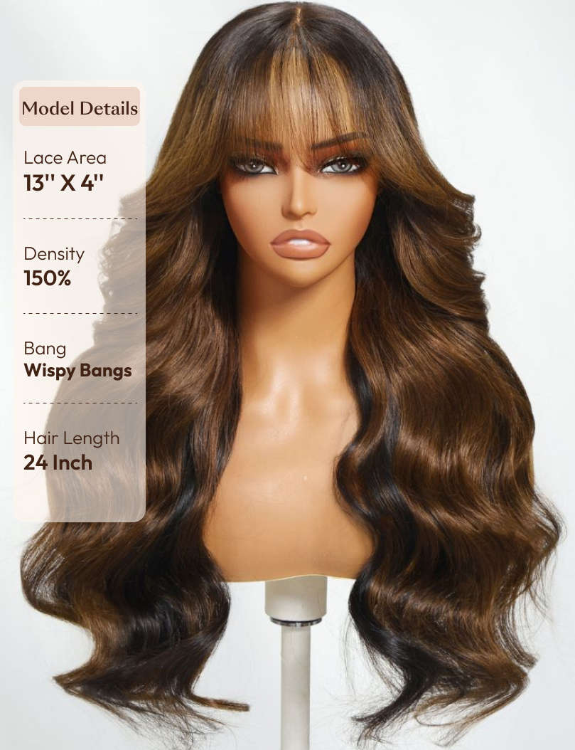 UNice Bye-Bye Knots 13x4 Black with Brown Money Piece Natural Fluffy Loose Wave Curtain Bangs Wig