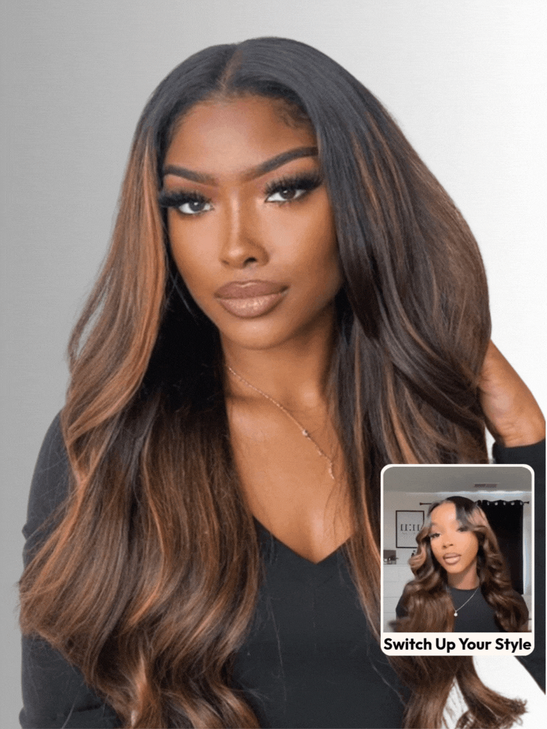 UNice 7x5 Bye Bye Knots™ Wig Glueless Lace Balayage Highlight Body Wave Drawstring & With Bangs Wig