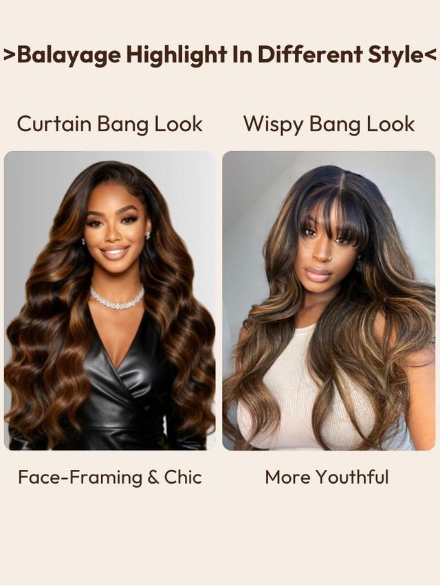 UNice 7x5 Bye Bye Knots™ Wig Glueless Lace Balayage Highlight Body Wave Drawstring & With Bangs Wig