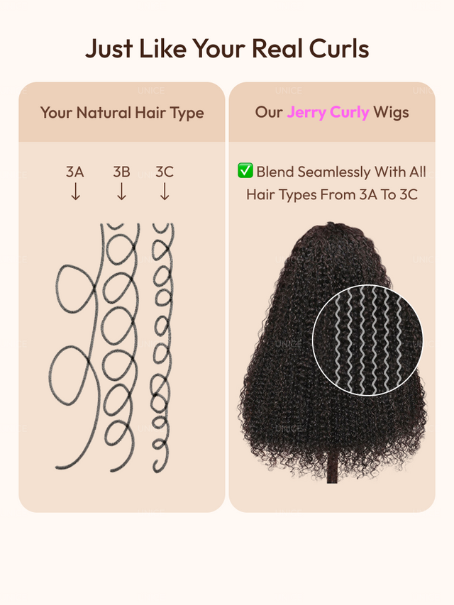 UNice InvisiBlend™ V part Jerry Curly Wig With Invisi Drawstring 100% Human Hair Minimal Leave Out Protect Your Natural Hair 180% Density