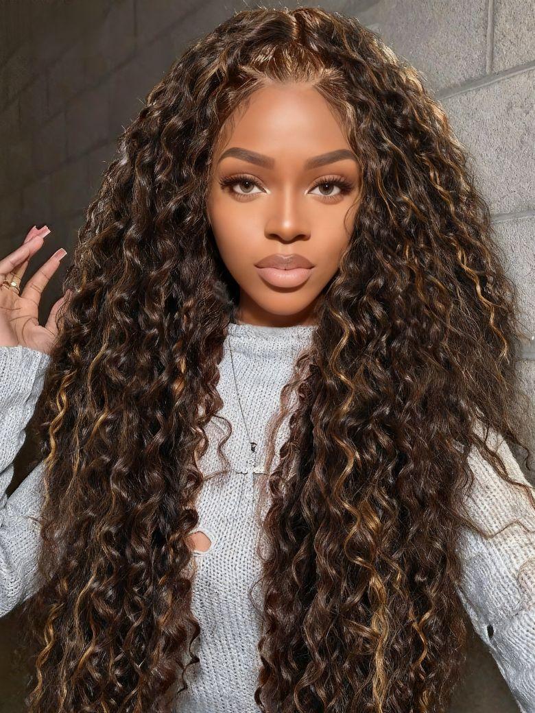 UNice Bye-Bye Knots™ 7x5 Lace Dark Toffee Brown with Auburn Highlights Water Wave Wig with Invisi Drawstring