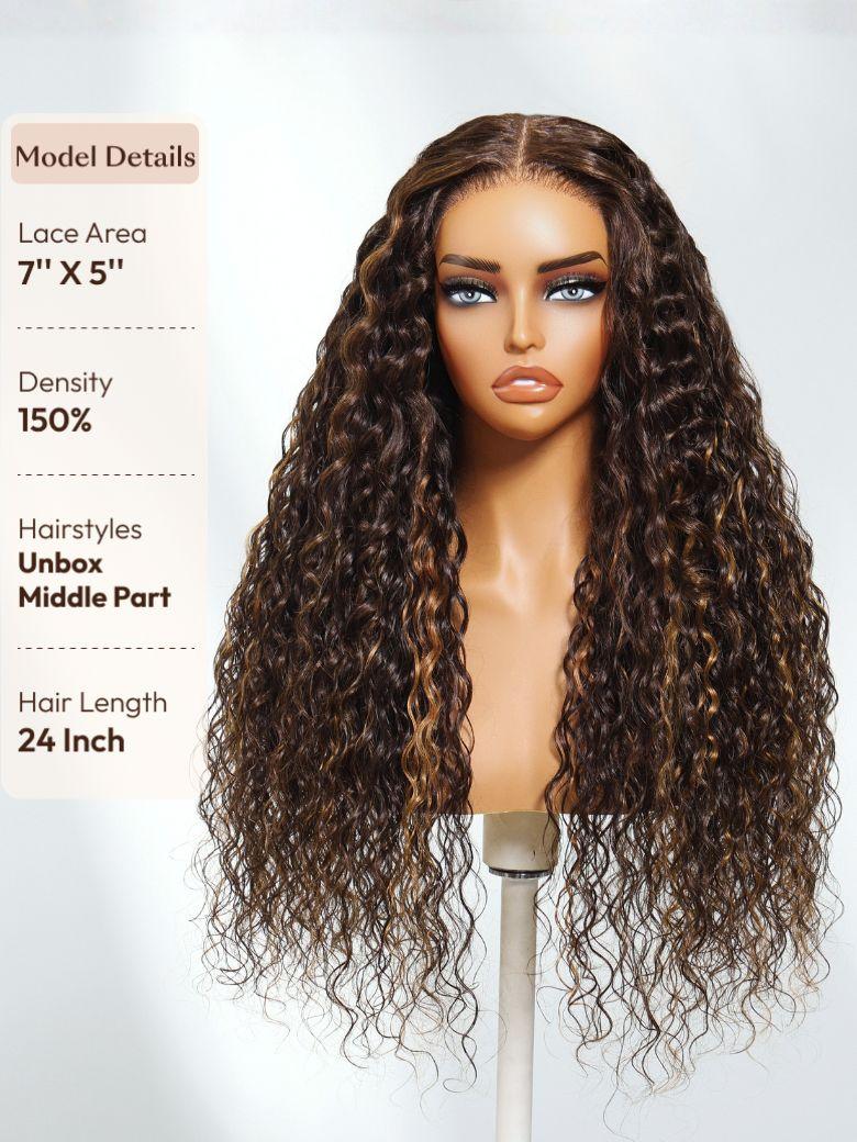 UNice Bye-Bye Knots™ 7x5 Lace Dark Toffee Brown with Auburn Highlights Water Wave Wig with Invisi Drawstring