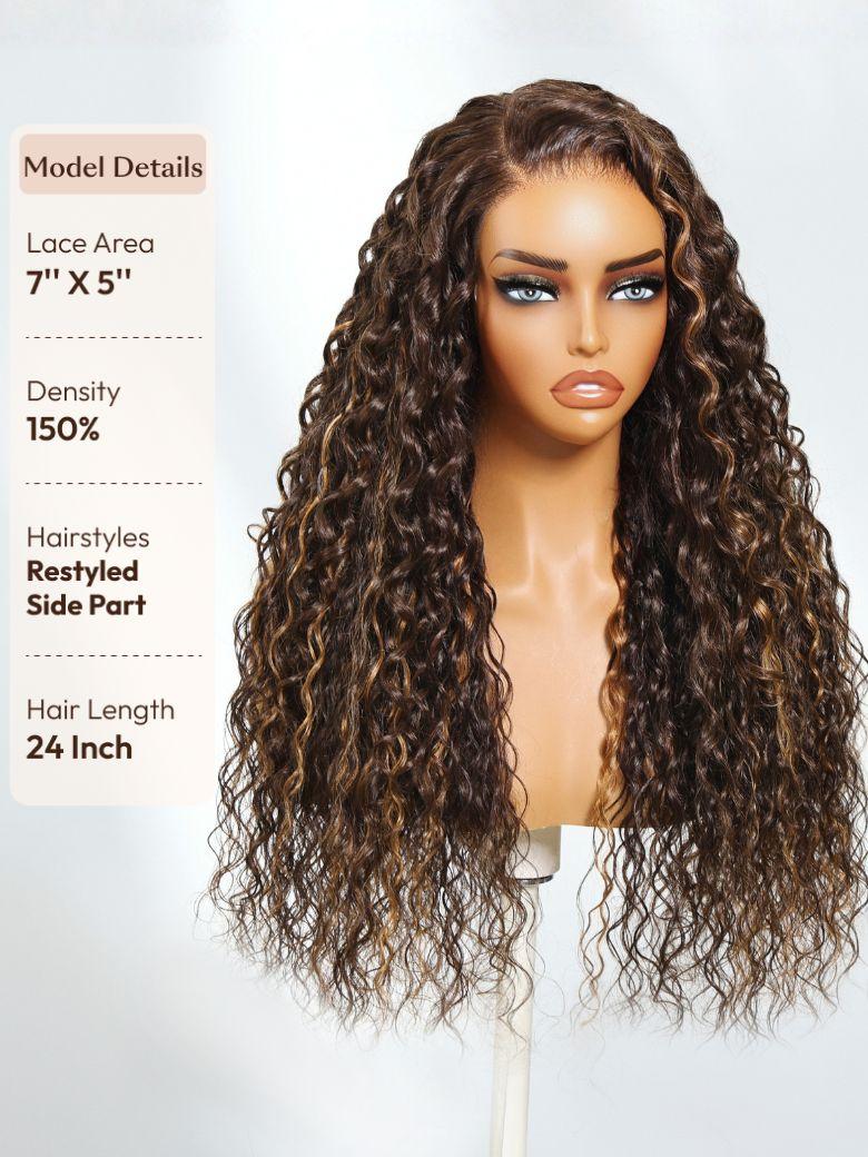 UNice Bye-Bye Knots™ 7x5 Lace Dark Toffee Brown with Auburn Highlights Water Wave Wig with Invisi Drawstring