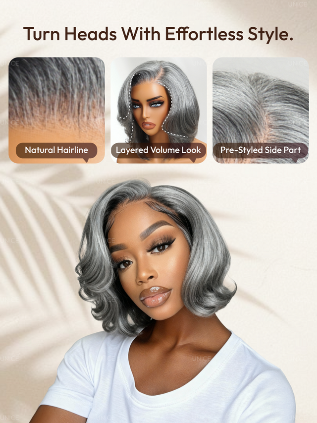 UNice 6.5x1.5 Lace Salt and Pepper Side Part Blowout Layered Bob Glueless Wig