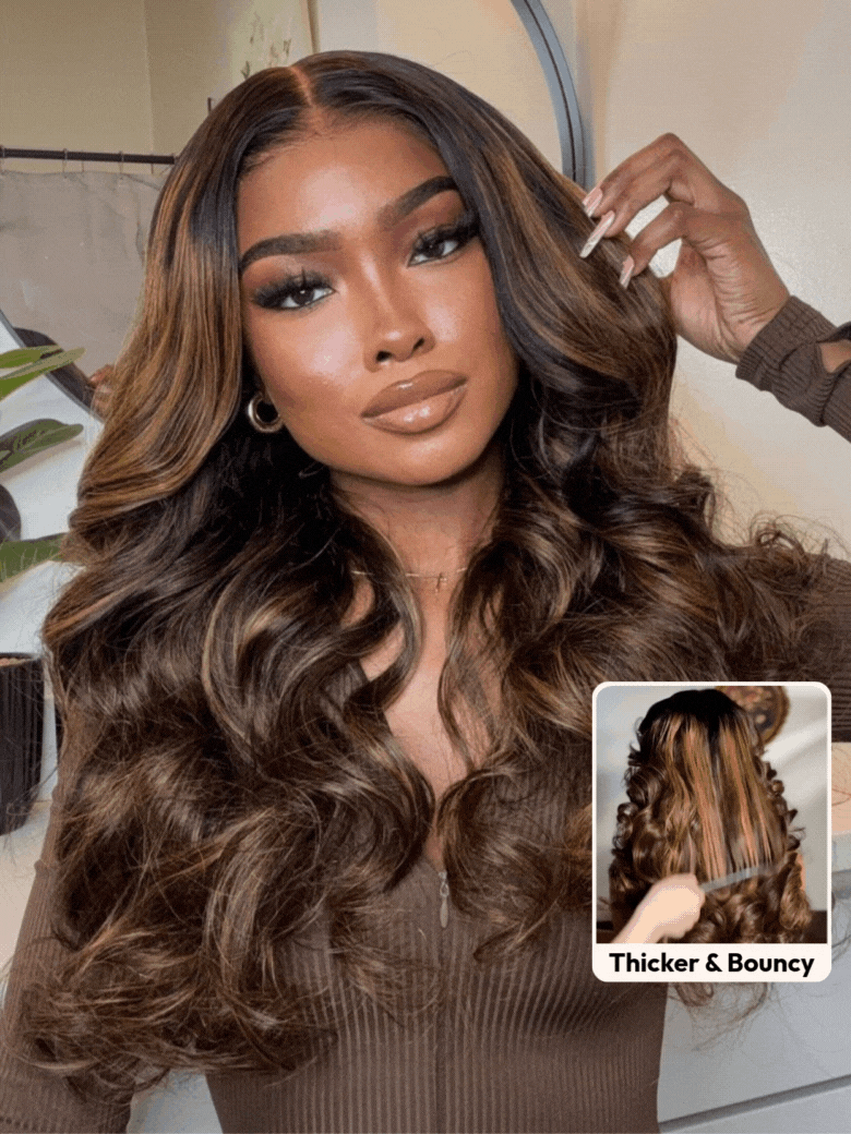 [With Drawstring] 7x5 Bye Bye Knots™ Wig Glueless Lace Balayage Highlight Body Wave Curtain Bangs Wig