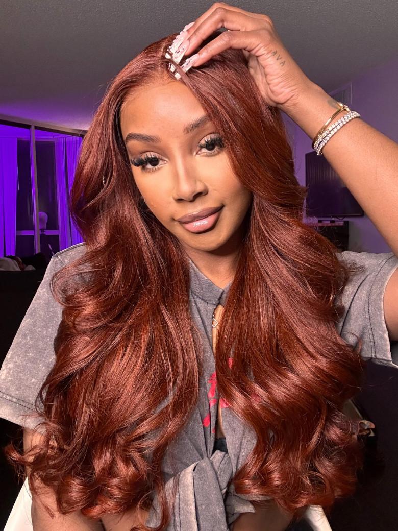 7x5 Glueless Lace Reddish Brown Yaki Bye Bye Knots Wig With Pre-plucked Hairline