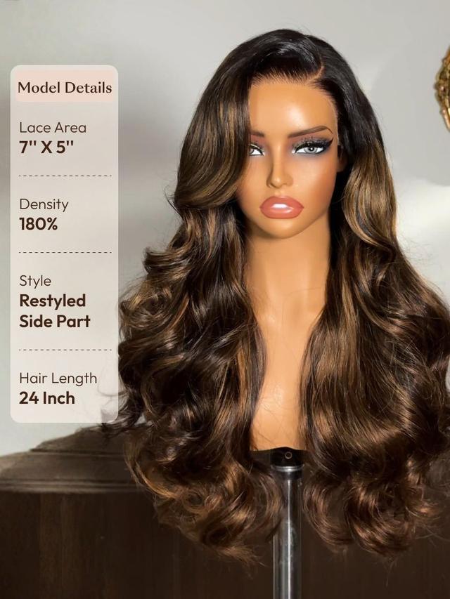 UNice 7x5 Bye Bye Knots™ Wig Glueless Lace Balayage Highlight Body Wave Drawstring & Curtain Bangs Wig