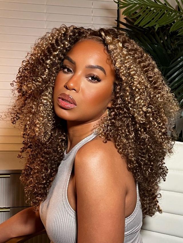 UNice Honey Blonde Sun Kissed Highlights 13x4 Transparent Lace Front Kinky Curly Wig 150% Density