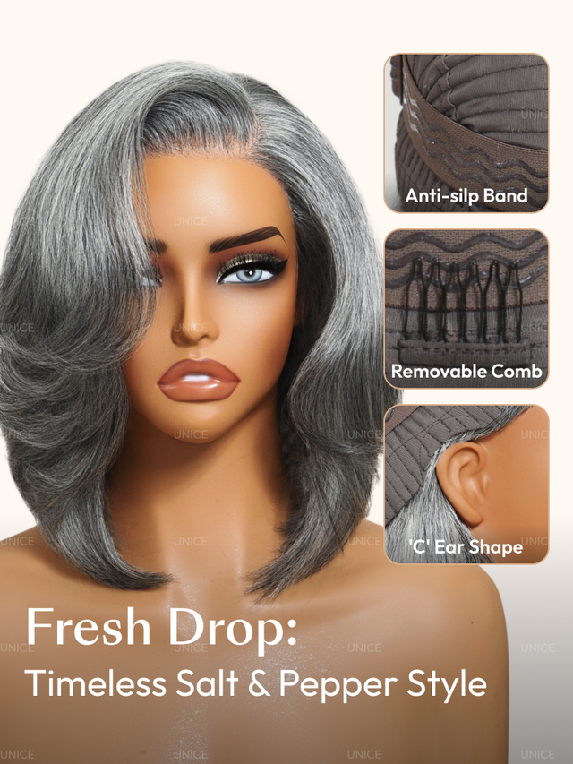 UNice 6.5x1.5 Lace Salt and Pepper Side Part Blowout Layered Bob Glueless Wig