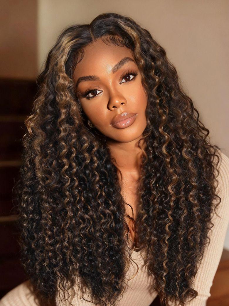 UNice Bye-Bye Knots™ 7x5 Lace Curly Glueless Wig With Golden Brown Highlights
