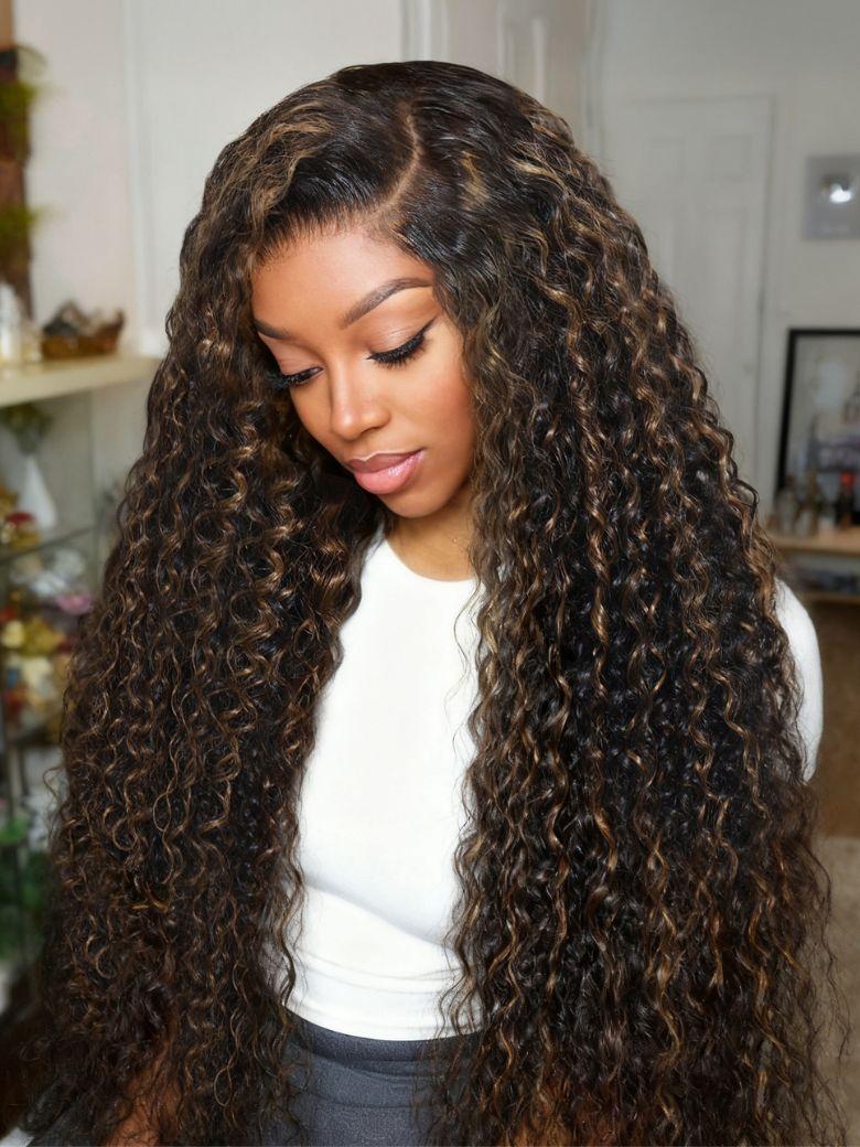 UNice Bye-Bye Knots™ 7x5 Lace Curly Glueless Wig With Golden Brown Highlights