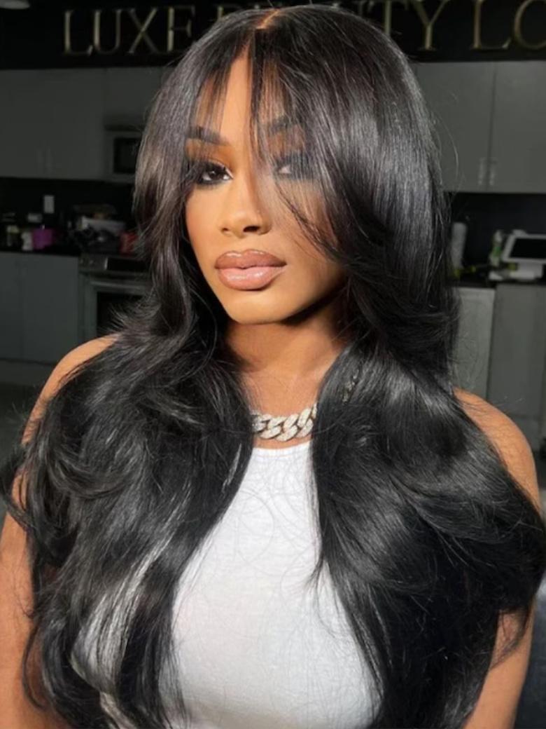 [From 20"]13x4 Pre-Everything Lace Frontal Pull And Go Black Fluffy Natural Loose Wave Curtain Bangs Wig
