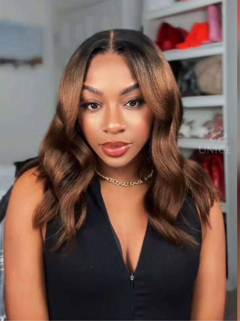 Unice Bye-Bye Knots 7x5 Lace Black to Chestnut Brown Ombre Yaki Bob Wig