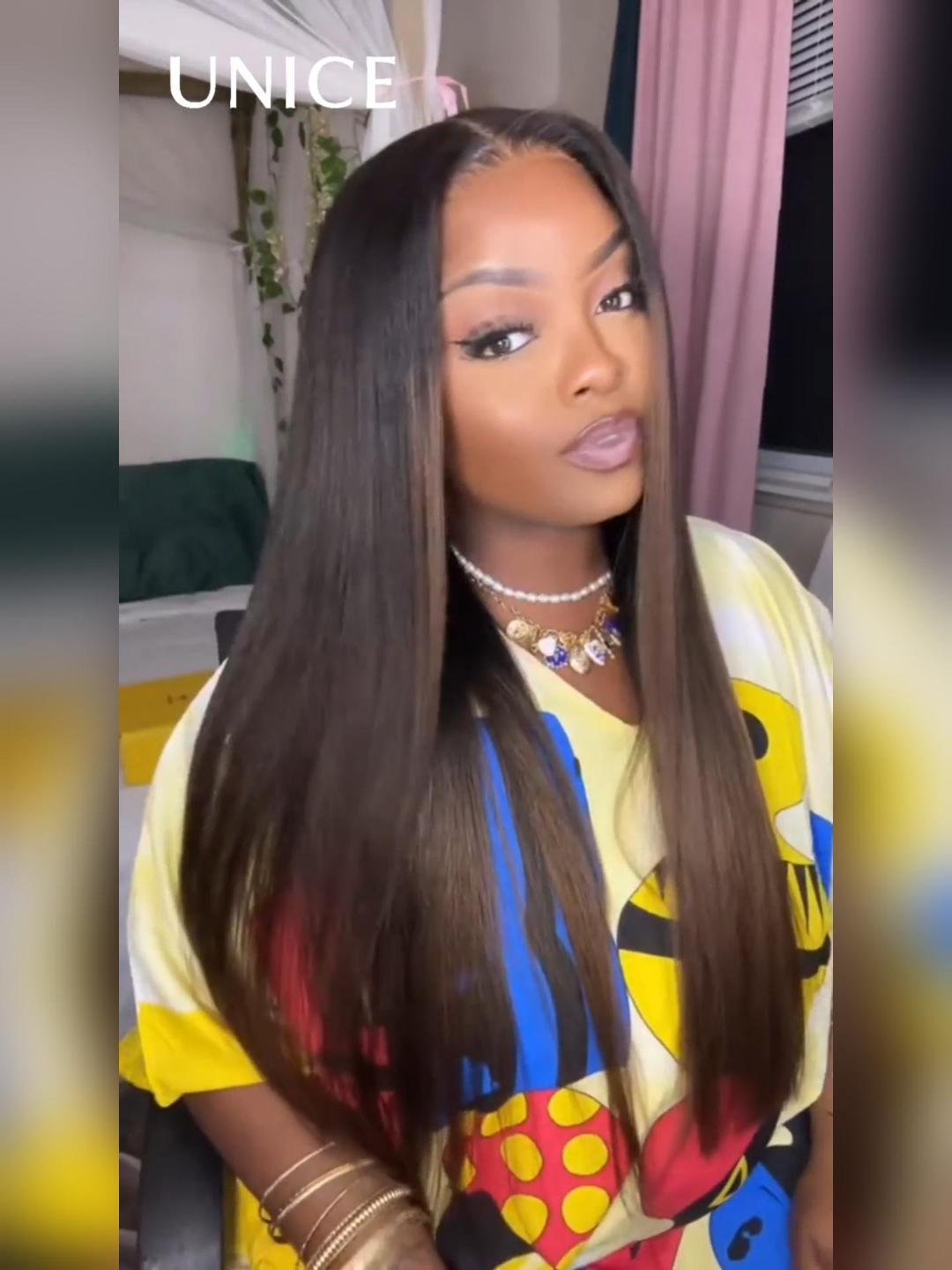 Unice Bye-Bye Knots 7x5 Lace Black to Chestnut Brown Ombre Yaki Bob Wig