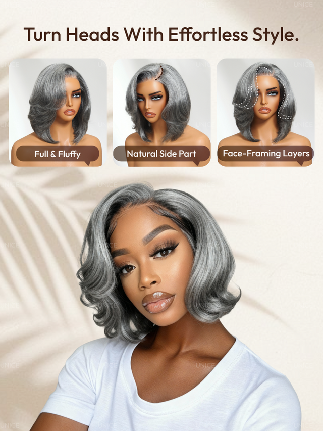 UNice Bossy-Chic Salt and Pepper Side Part Blowout Layered Bob Glueless Wig 6.5x1.5 Lace