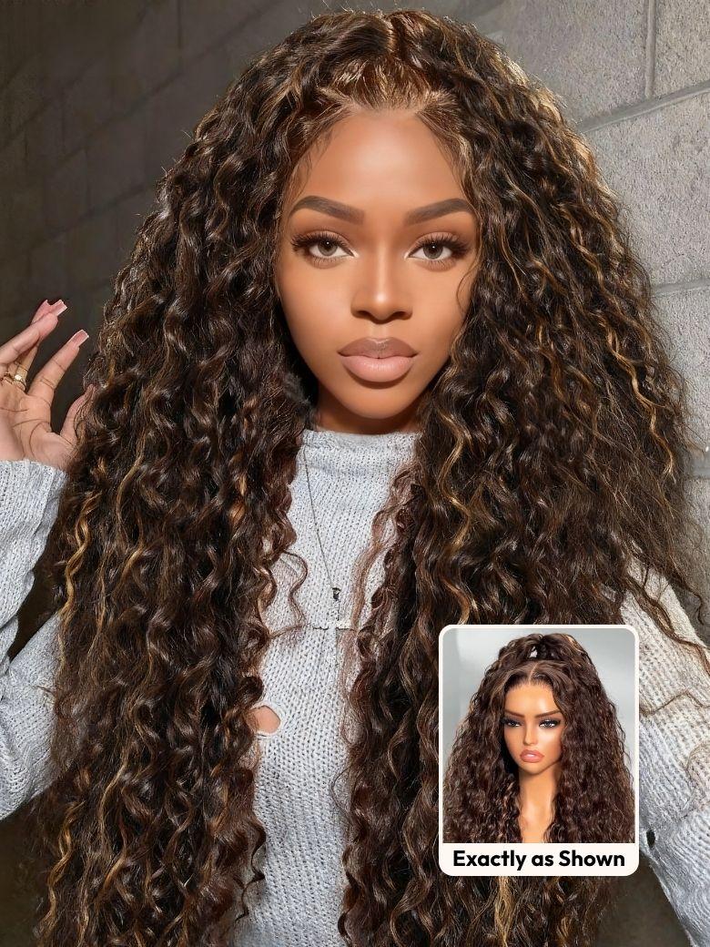 UNice Bye-Bye Knots™ 7x5 Lace Dark Toffee Brown with Auburn Highlights Water Wave Wig with Invisi Drawstring