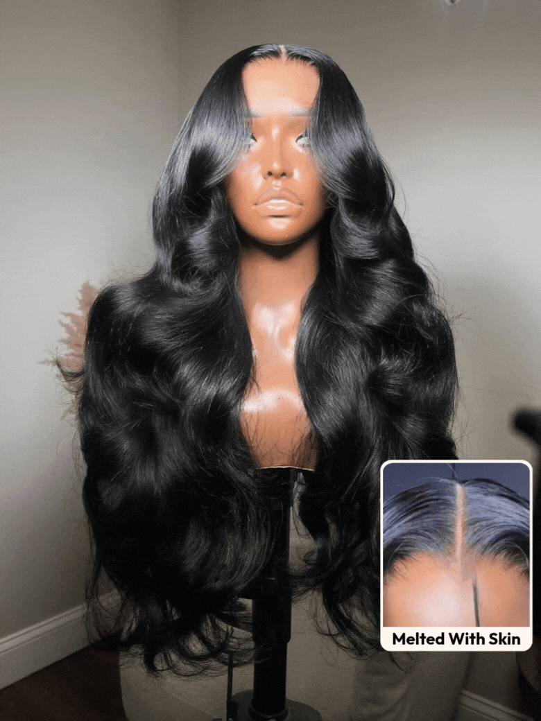 UNice HD Real Scalp™ Wig 13x4 Invisible Lace Frontal Body Wave Black Wig & Wig With Face Framing Curtain Bangs With Invisi Drawstring