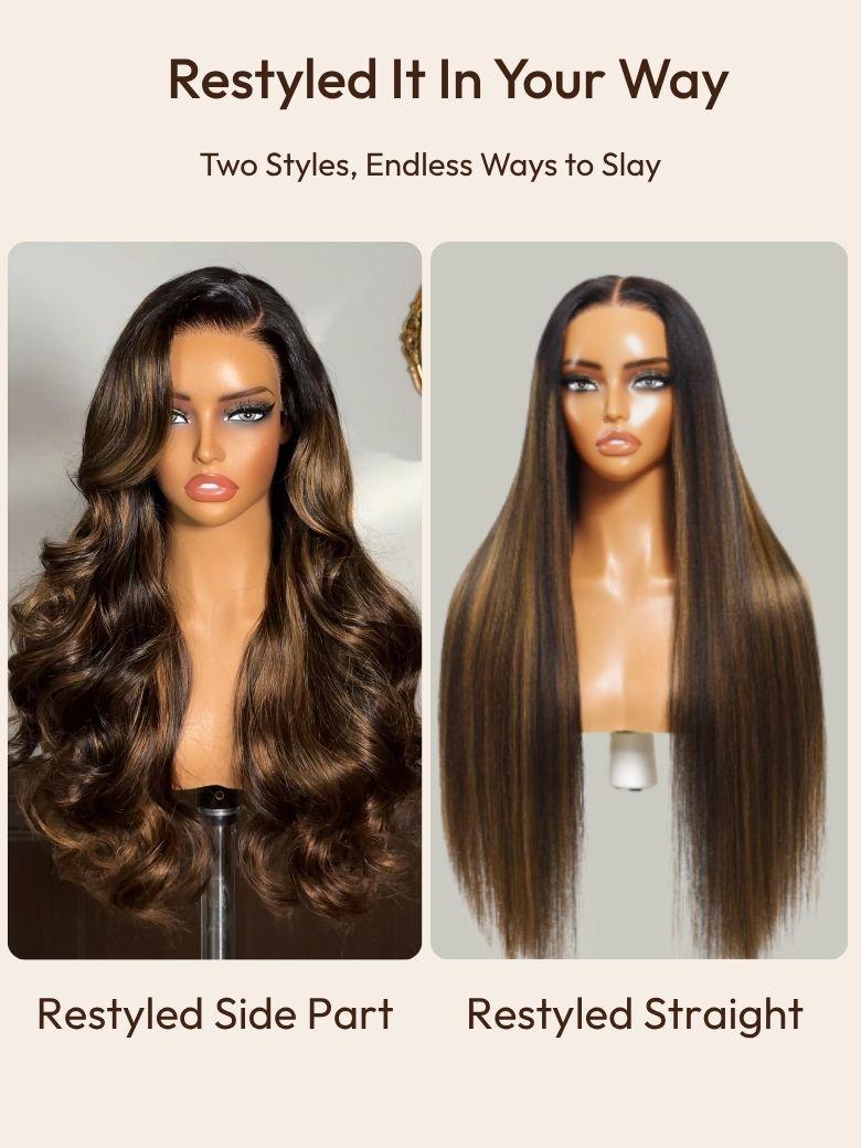 UNice 7x5 Bye Bye Knots™ Wig Glueless Lace Balayage Highlight Body Wave Drawstring Curtain Bangs Wig