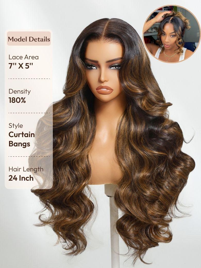 UNice 7x5 Bye Bye Knots™ Wig  Glueless Lace Balayage Highlight Body Wave Drawstring & Curtain Bangs Wig