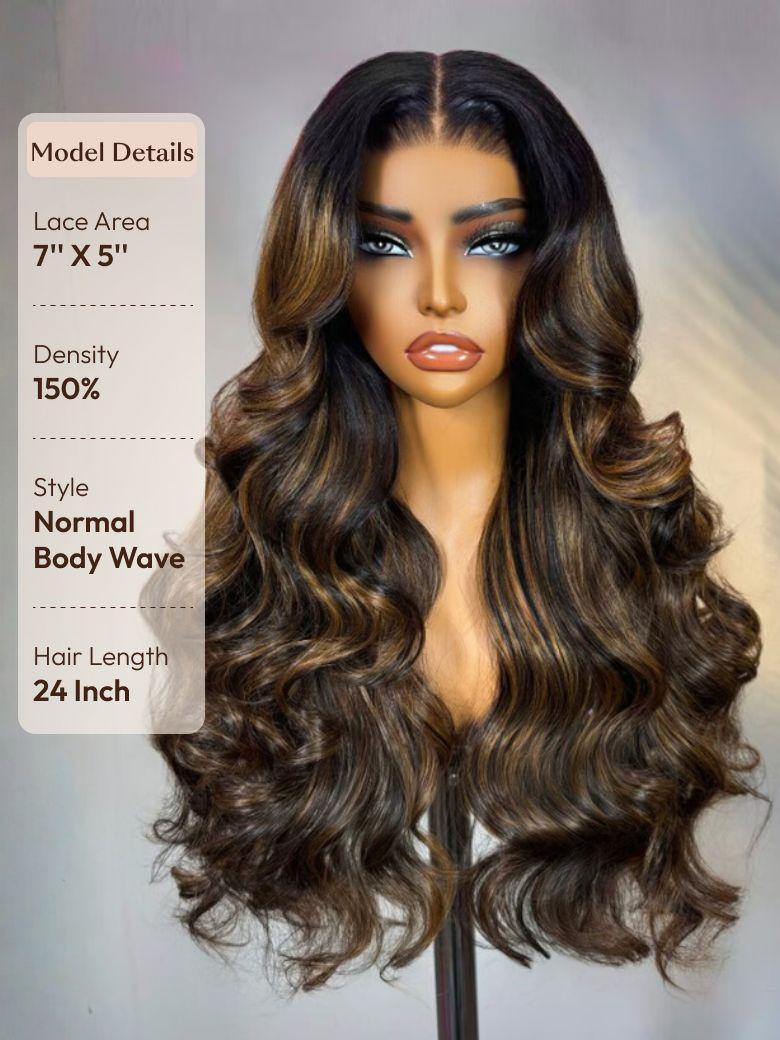 UNice 7x5 Bye Bye Knots™ Wig  Glueless Lace Balayage Highlight Body Wave Drawstring & Curtain Bangs Wig
