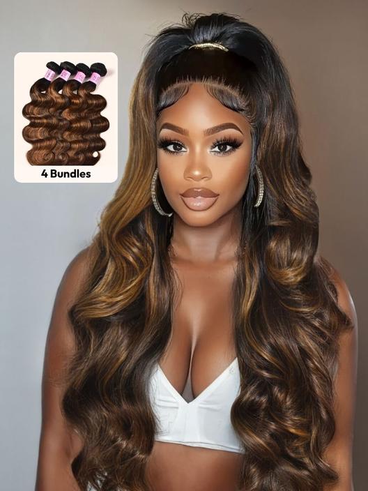 UNice Classic Brown Highlight 4Pcs Human Hair Body Wave Bundles