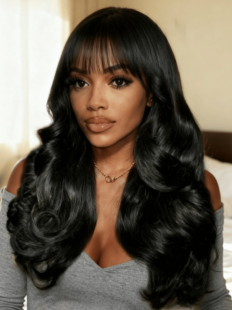 UNice Black Yaki Wig Human Hair Glueless Wig with Blunt Bangs