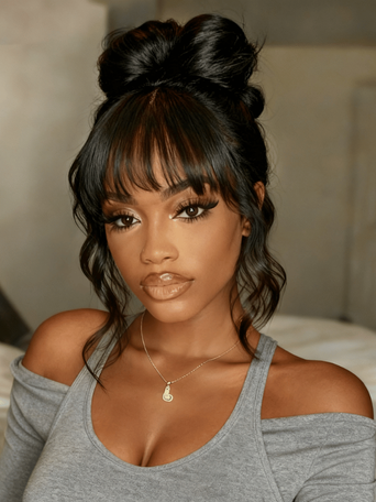 UNice 7x5 Bye-Bye Knots™ & 13x4 Pre-Everything™ & HD Lace Frontal Pull And Go Black Fluffy Natural & Balayage Highlights Loose Wave Curtain Bangs Wig