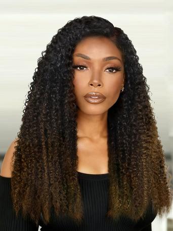 UNice Flip Over Half Wig Black to Chestnut Brown Ombre Kinky Curly Wig