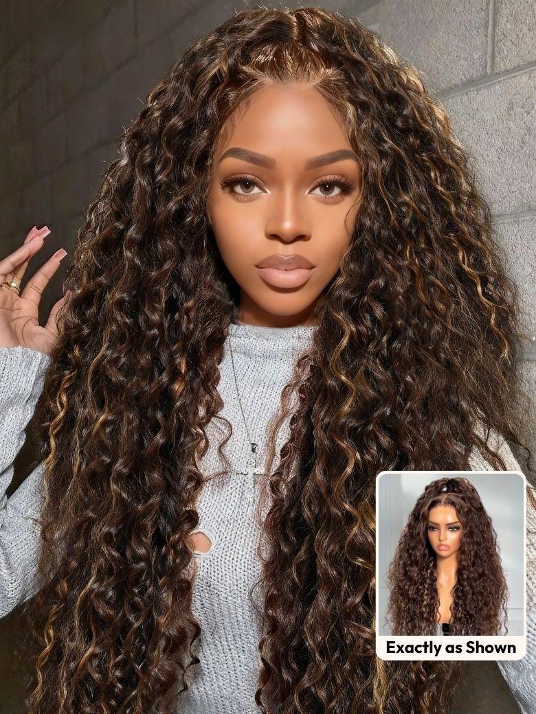 [From 18''] UNice 100% Human Hair Bye-Bye Knots™ 7x5 Lace Dark Toffee Brown with Auburn Highlights Water Wave Wig with Invisi Drawstring