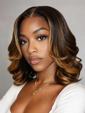 UNice 13x4 Pre-Everything™ Lace Frontal Brown With Honey Blonde Face-Framing Highlights Wavy Bob Drawstring Wig