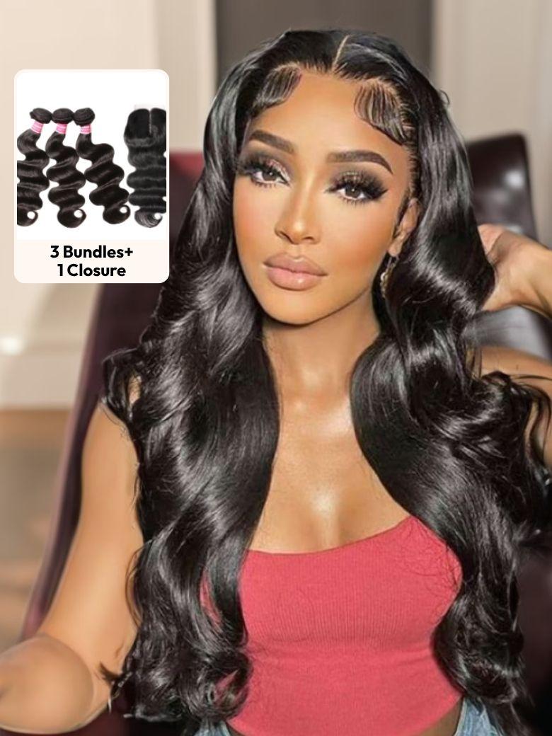 UNice 3Pcs Remy Hair Body Wave Bundles with Lace Closure
