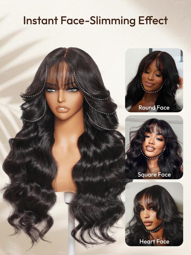 UNice 7x5 Bye-Bye Knots™ & 13x4 Pre-Everything™ & HD Lace Frontal Pull And Go Black Fluffy Natural & Balayage Highlights Loose Wave Curtain Bangs Wig