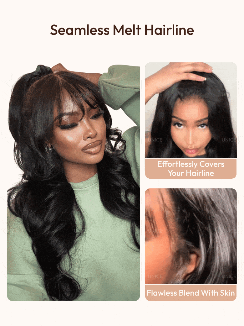 UNice 7x5 Bye-Bye Knots™ & 13x4 Pre-Everything™ & HD Lace Frontal Pull And Go Black Fluffy Natural & Balayage Highlights Loose Wave Curtain Bangs Wig