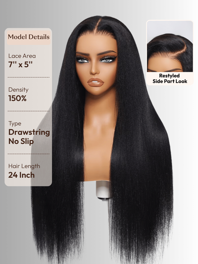 UNice Bye Bye Slip™ Wig 7x5 Glueless Lace Black Yaki Straight Wig With Elastic Drawstring 360 Cozy Hug 150% Density