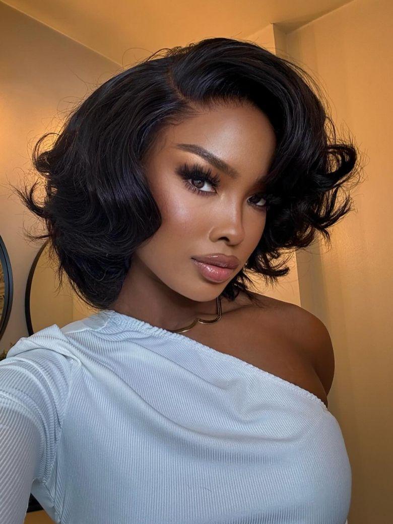 Cute Daily Style 13x4 Lace Front Big Loose Wave Black Shoulder Length Wig 200% Density