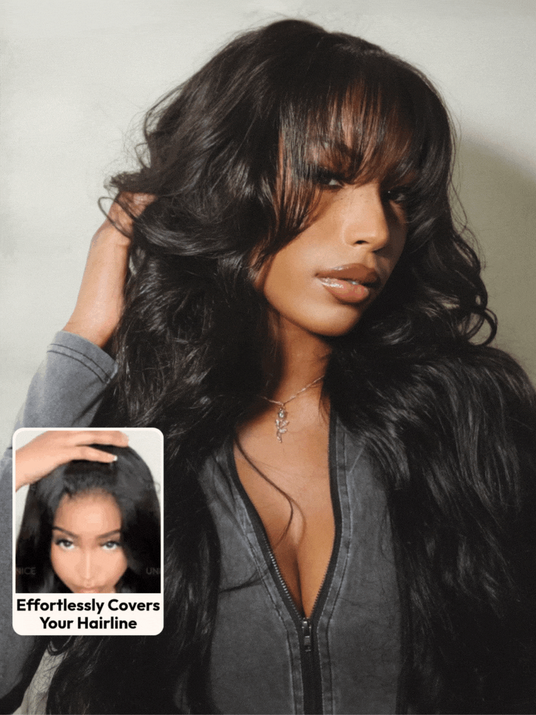UNice 7x5 Bye-Bye Knots™ & 13x4 Pre-Everything™ & HD Lace Frontal Pull And Go Black Fluffy Natural & Balayage Highlights Loose Wave Wispy Bangs Wig