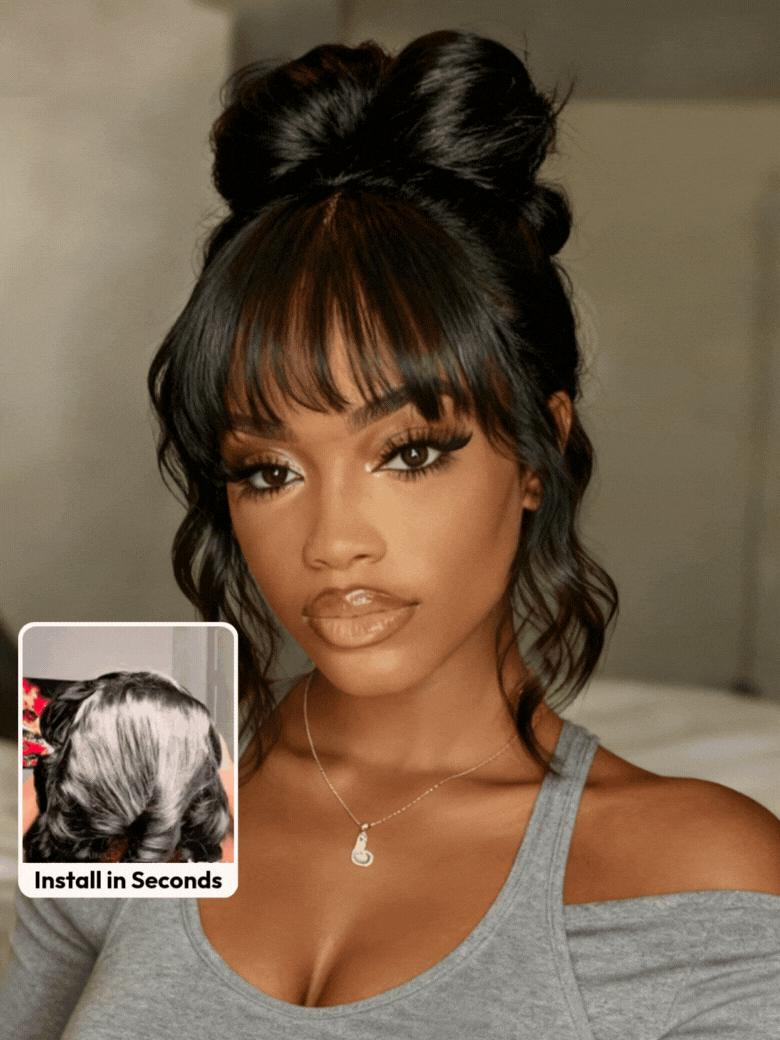 UNice 7x5 Bye-Bye Knots™ & 13x4 Pre-Everything™ & HD Lace Frontal Pull And Go Black Fluffy Natural & Balayage Highlights Loose Wave Curtain Bangs Wig