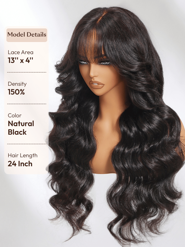 UNice 7x5 Bye-Bye Knots™ & 13x4 Pre-Everything™ Lace Frontal Black Fluffy Natural Loose Wave Curtain Bangs Wig