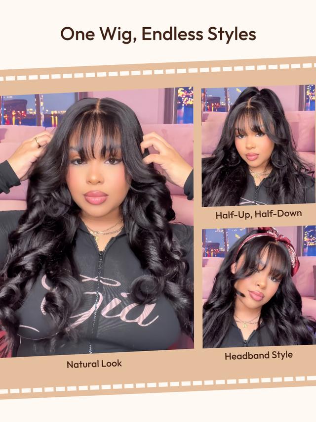 UNice 7x5 Bye-Bye Knots™ & 13x4 Pre-Everything™ & HD Lace Frontal Pull And Go Black Fluffy Natural & Balayage Highlights Loose Wave Wispy Bangs Wig