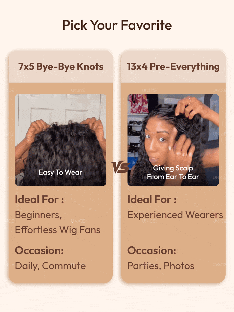 UNice 7x5 Bye Bye Knots & 13x4 Pre-Everything™ Lace Frontal Natural Black Bouncy Water Wave Curly Invisi Drawstring No Baby Hair