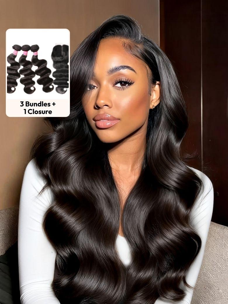 UNice 3Pcs Remy Hair Body Wave Bundles with Lace Closure