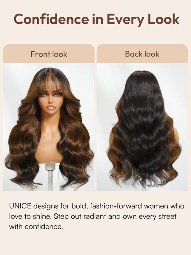UNice Bye-Bye Knots 13x4 Black with Brown Money Piece Natural Fluffy Loose Wave Curtain Bangs Wig