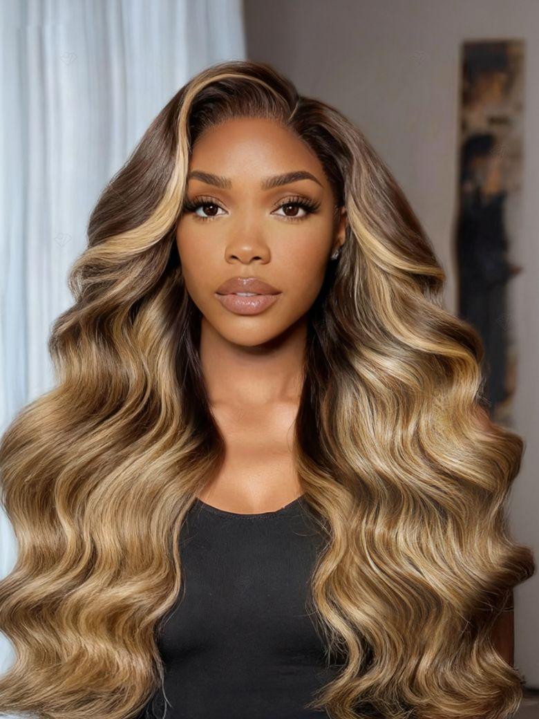 UNice 13x4 Pre-Everything™ Lace Frontal Honey Blonde Balayage With Chestnut Brown Roots Body Wave Drawstring Wig