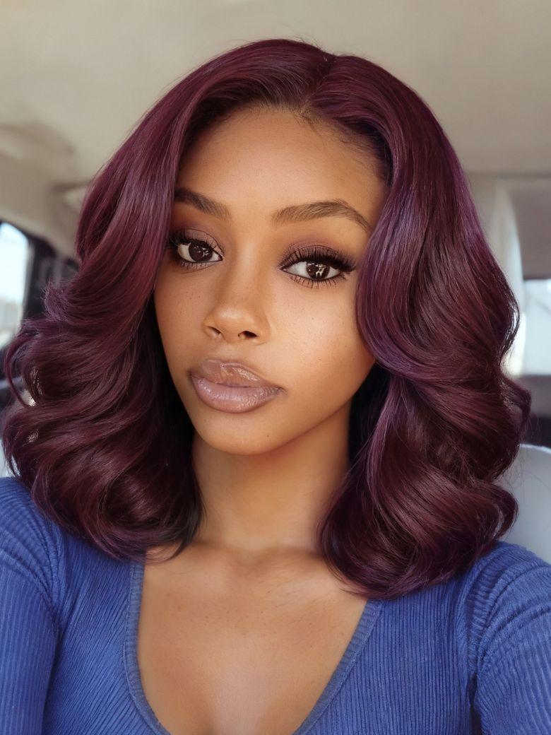 10 Inch 7x5 Lace Glueless Bob Bye-Bye Knots™  Black Cherry Drawstring Body Wave&Straight Wig with Curtain Bangs