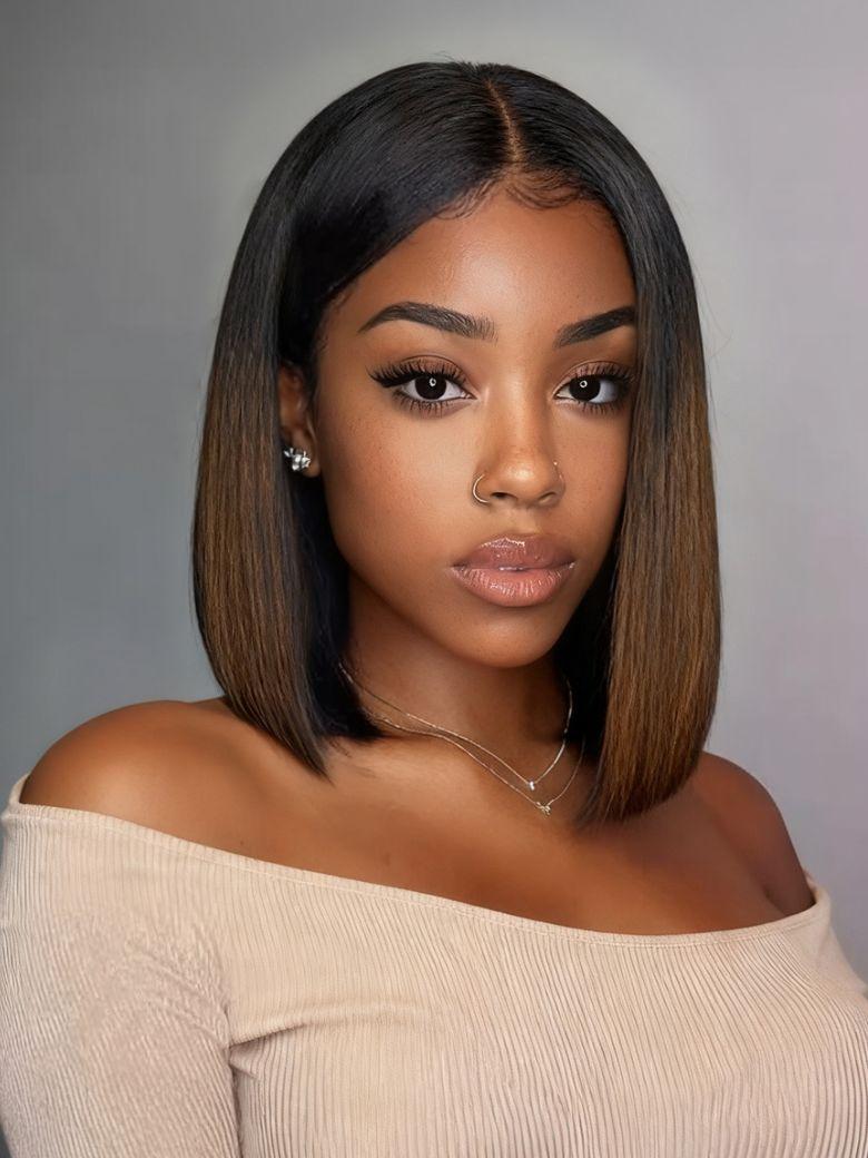 UNice 7x5 Bye Bye Slip & 13x4 Pre-Everything Lace Black to Chestnut Brown Ombre Yaki Straight Wig With Invisi Drawstring